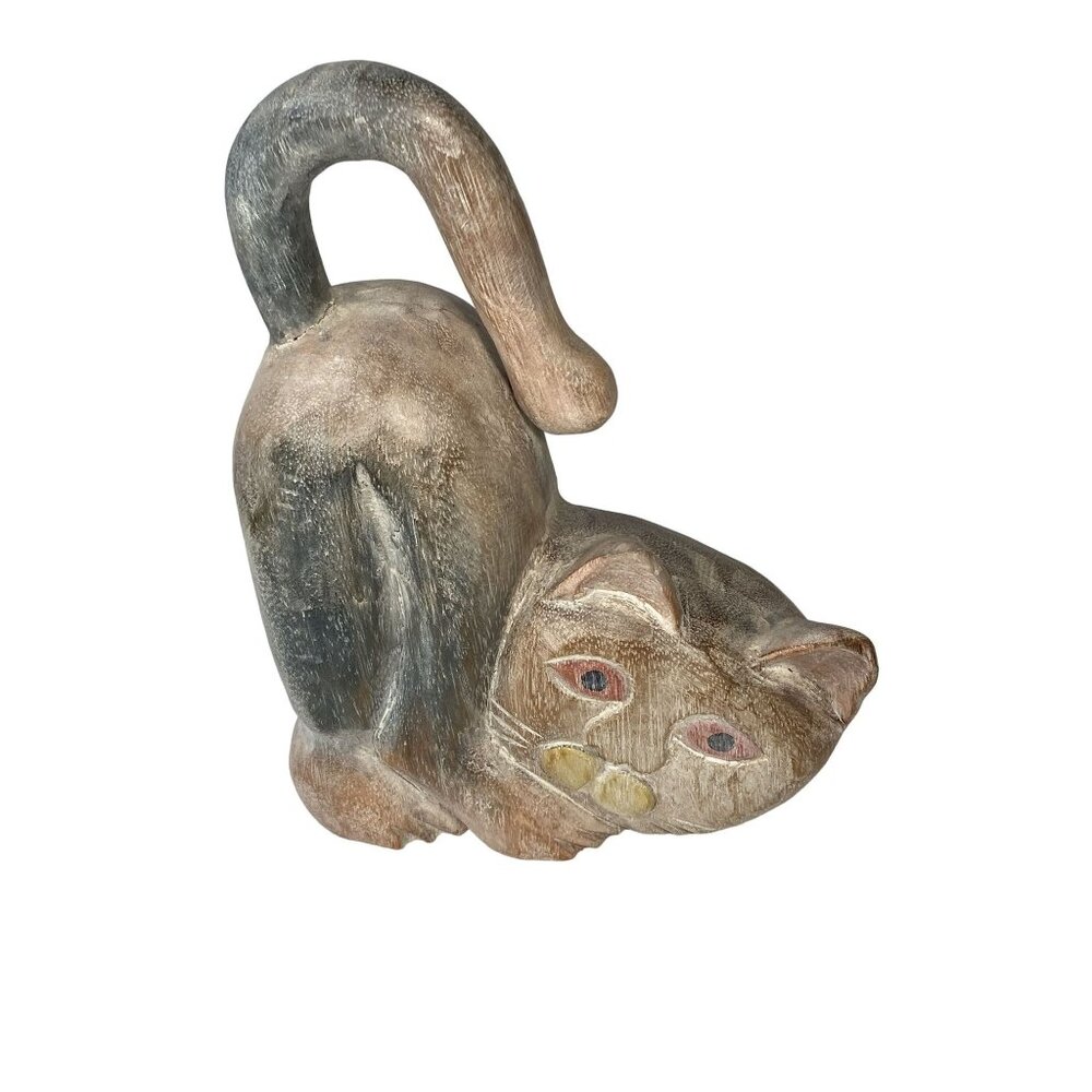 Hand-Carved Wooden Cat Figurine Folk Art Door Stop White Washed